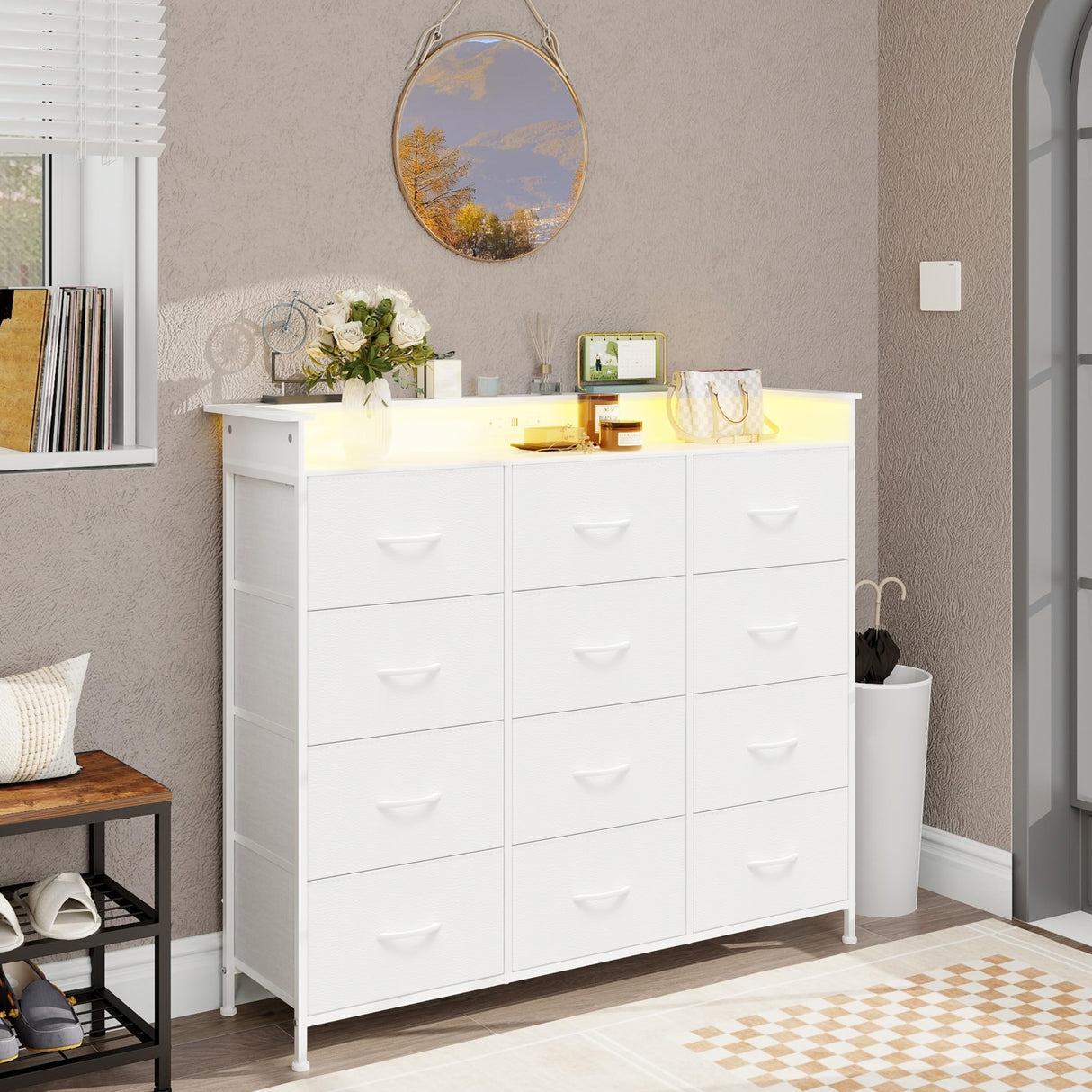 Welfuturer White Dresser with LED Lights and Charging Station for Bedroom 12 Drawers Dressers & Chest of Drawers Tall Dressers for Hallway Entryway Closets Living Rom Sturdy Steel Frame Wood Top Welfuturer