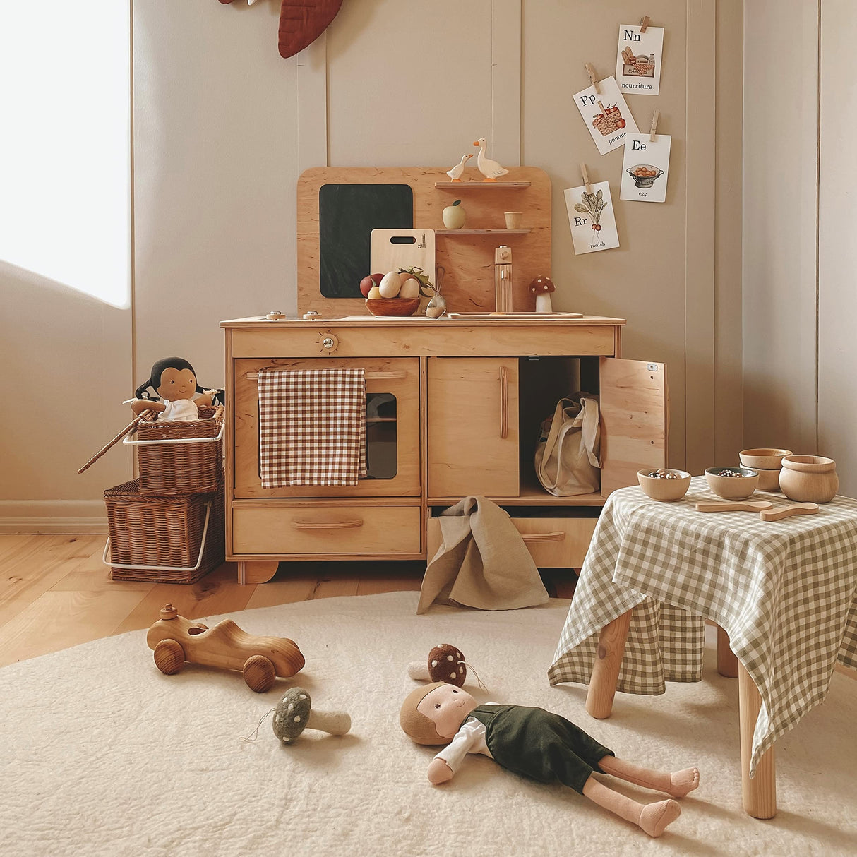 Kids Pretend Play Kitchen Wooden Montessori Playroom Furniture Nursery Decor Birthday Gift for Toddler Girl Wood Natural Baby Neutral Room (Natural) Enjoy The Wood