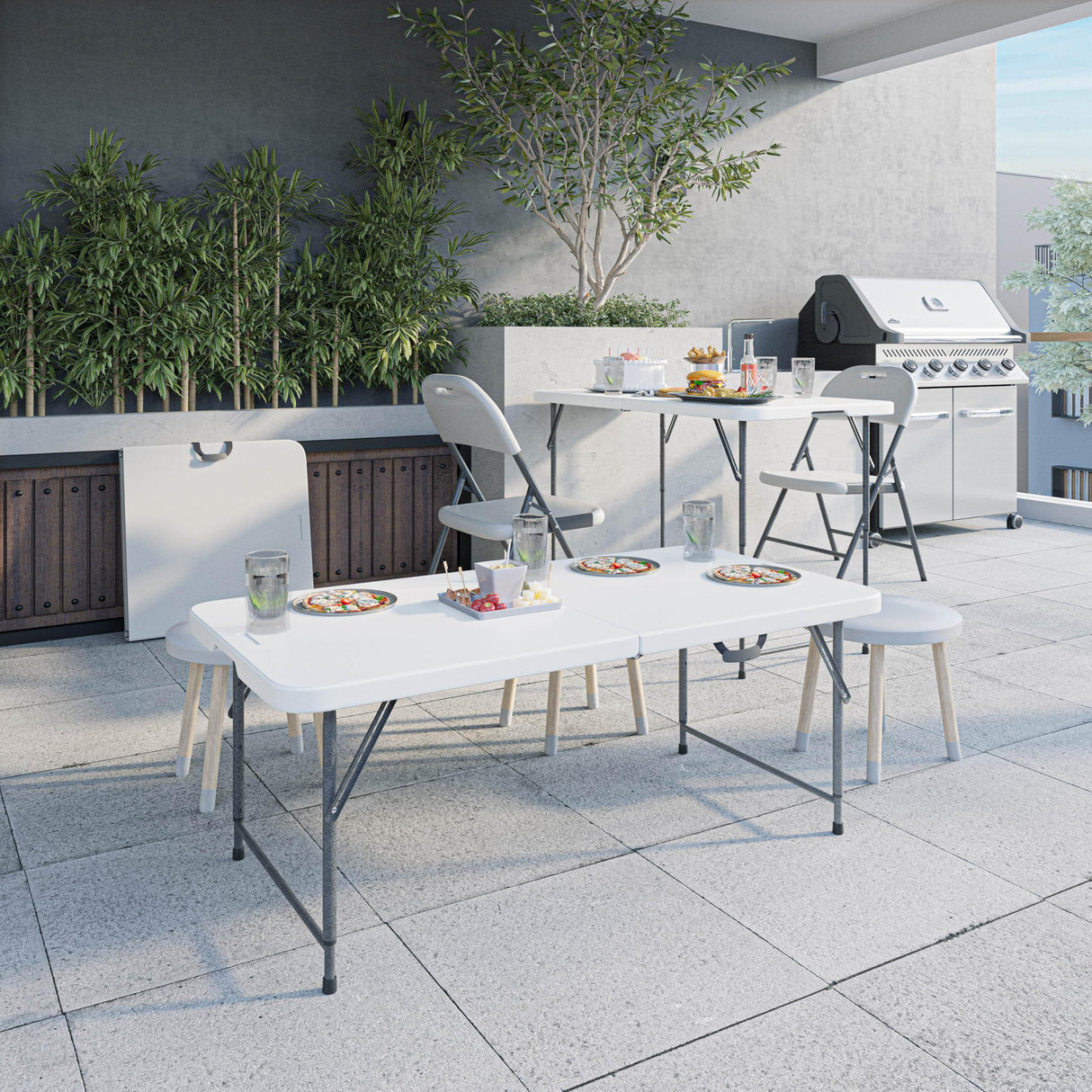 Techni Home Height Adjustable 4 FT Granite White Folding Table – Premium 4 Foot Folding Table Ideal for Camping, Picnic, Party or as Kids Table Techni Home