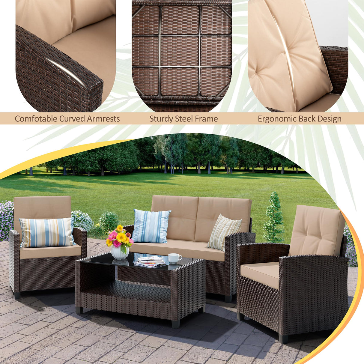Shintenchi 4 Piece Patio Furniture Set, Outdoor Rattan Conversation Set with Coffee Table, Outside Wicker Sectional Sofa Couch with Cushion, Brown and Khaki Shintenchi