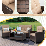 Shintenchi 4 Piece Patio Furniture Set, Outdoor Rattan Conversation Set with Coffee Table, Outside Wicker Sectional Sofa Couch with Cushion, Brown and Khaki Shintenchi