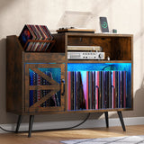 Gyfimoie Record Player Stand Holds Up to 350 Albums, Turntable Stand with LED Light, Records Storage Cabinet with Power Outlet, Record Player Table with Vinyl Storage(Brown) Gyfimoie