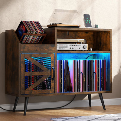 Gyfimoie Record Player Stand Holds Up to 350 Albums, Turntable Stand with LED Light, Records Storage Cabinet with Power Outlet, Record Player Table with Vinyl Storage(Brown)