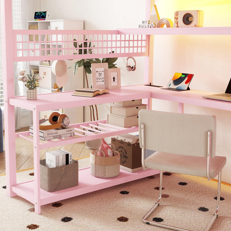 Full Size Loft Bed with LED Light and Stairs, Metal Loft Bed Frame with Desk, Storage Drawers & Shelves, Hanging Rod, Gaming Lofts Beds with Charging Station for Adults Teens Kids Gamer, Pink Mirightone