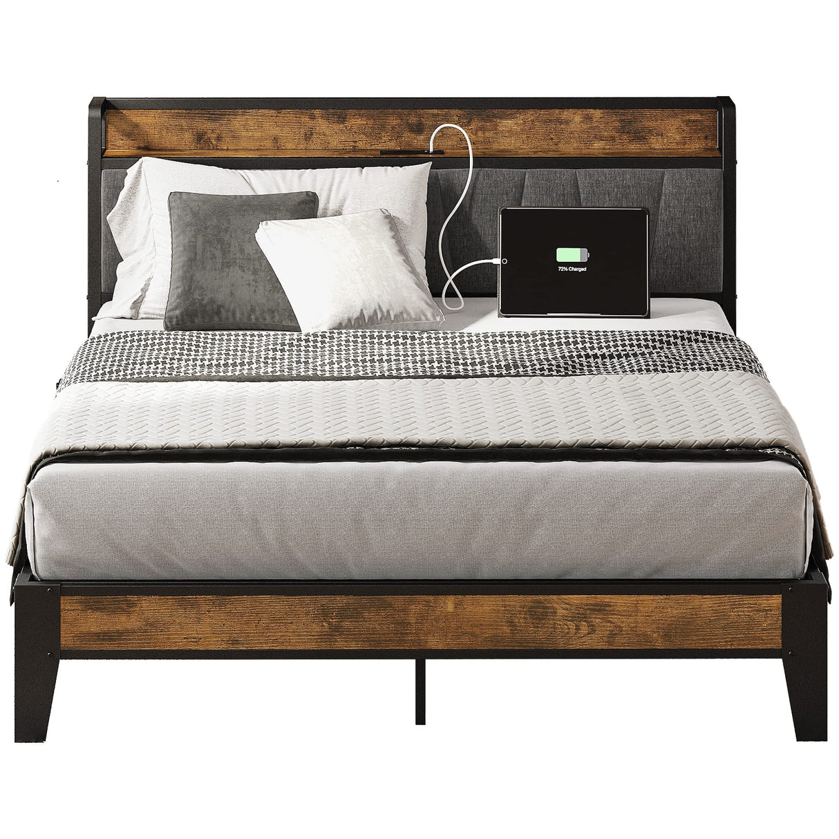 LIKIMIO Vintage Brown and Grey Full Bed Frame with Storage Headboard and Charging Station LIKIMIO