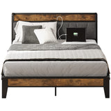 LIKIMIO Vintage Brown and Grey Full Bed Frame with Storage Headboard and Charging Station LIKIMIO
