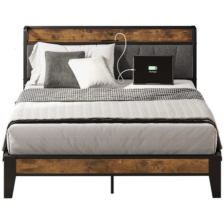 LIKIMIO Vintage Brown and Grey Full Bed Frame with Storage Headboard and Charging Station LIKIMIO