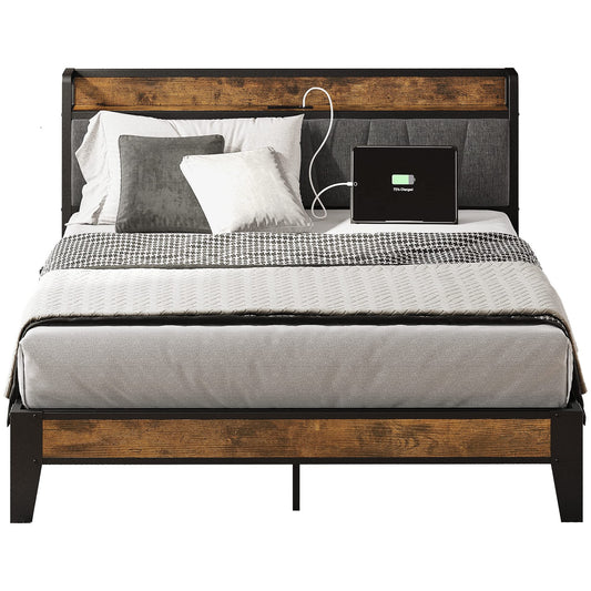 LIKIMIO Vintage Brown and Grey Full Bed Frame with Storage Headboard and Charging Station - WoodArtSupply