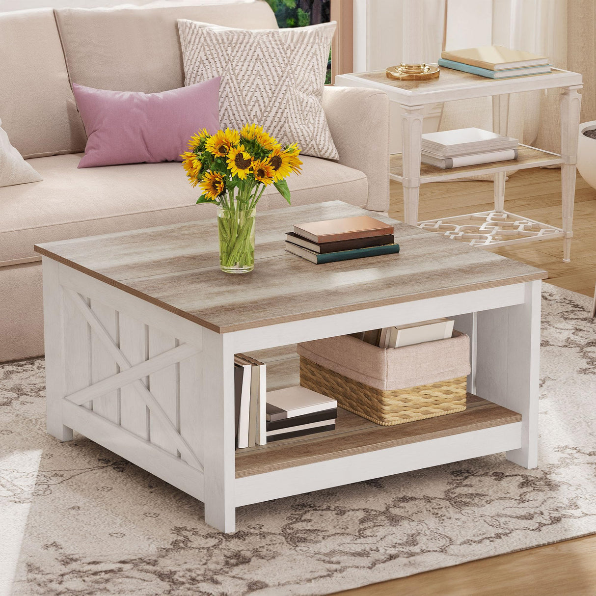 DWVO Square Coffee Table for Living Room, Farmhouse Coffee Table with Storage, 2-Tier Wood Coffee Tables Center Table with Half Open Storage Compartment, Grey Wash DWVO