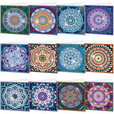 Saillong 12 Pack Mandala Diamond Painting Greeting Card Kits DIY Diamond Art Cards with Envelopes Flower 5D Rhinestones Painting Kits for Adults DIY Crafts Family Friend Birthday Gifts