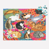 Galison Lounging Cats – 1000 Piece Jigsaw Puzzle Featuring Beautiful Artwork of A Variety of Feline Friends Lounging On Colorful Quilts Galison