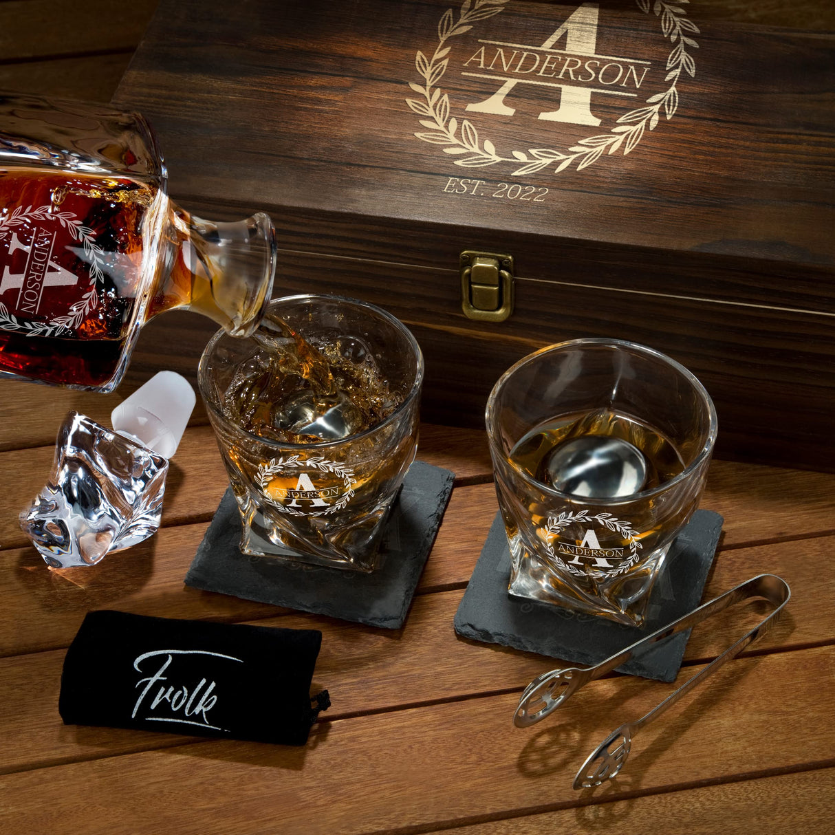 Personalized Whiskey Decanter and Stones Set - Customized Gift for Him - Men, Dad, Father - Engraved Twisted Whiskey Decanter, 2 XL Glasses, 2 XL Frolk