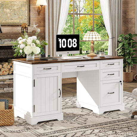 Alohappy 55'' Farmhouse Executive Desk, Home Office Desk with Drawers, Wood Computert Desk with File Cabinet and Power Outlets, White Alohappy