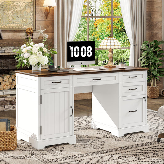 Alohappy 55'' Farmhouse Executive Desk, Home Office Desk with Drawers, Wood Computert Desk with File Cabinet and Power Outlets, White - WoodArtSupply