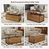 Manora Multi-Functional Lift-Top Coffee Table Convertible to Dining Table or Workstation, Rustic Wood Center Table with Hidden Storage, Compact Design for Living Room or Home Office, Rustic Brown Manora