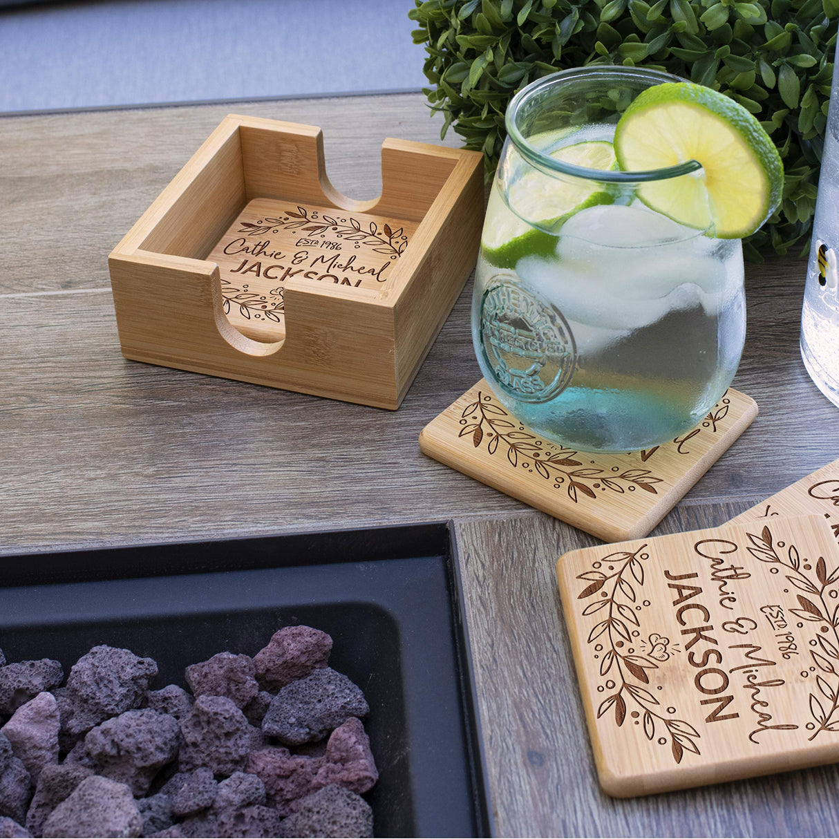 Set of 4 - Personalized Coasters w/Holder - 6 Designs - Custom Laser Engraved Bamboo Coasters - Wedding Gifts for The Couples, Anniversary, Engagement USA Custom Gifts