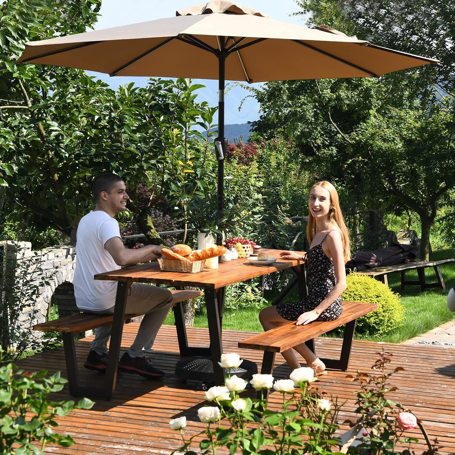 LDAILY Picnic Table, 70’’ x 30’’ Outdoor Wood Dining Table Set with Bench, 2" Umbrella Hole, 1600 LBS Max Load, Metal Frame Picnic Tables for Outdoors 6-8 Persons in Party, Garden, Yard, Pati - WoodArtSupply