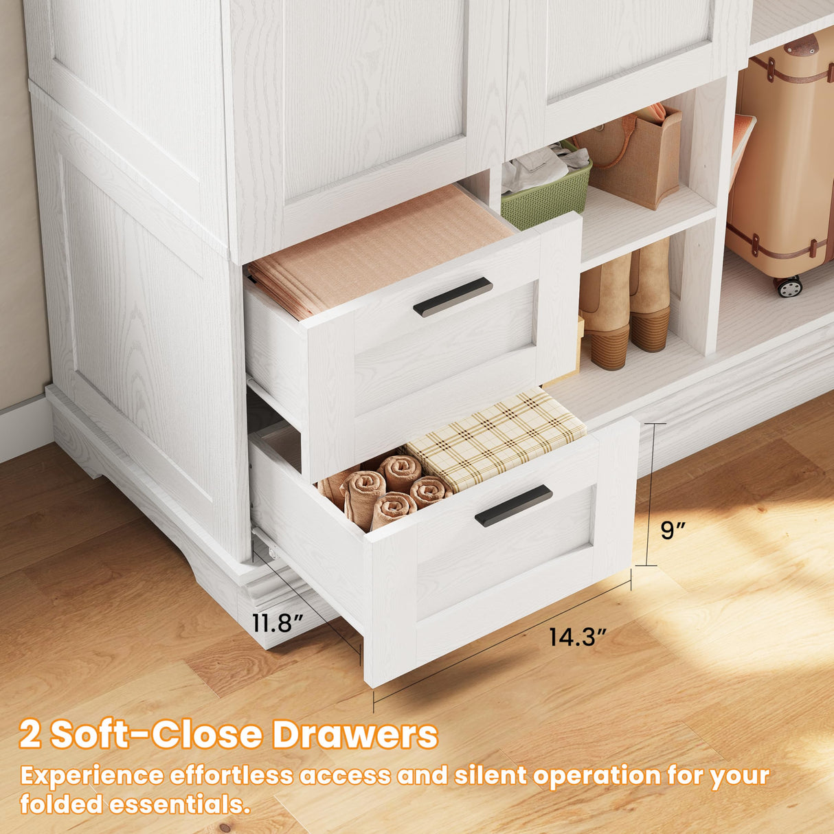 IRONCK Armoire Wardrobe Closet with 2 Drawers, 3 Doors, 2 Hanging Rods, Wardrobe Cabinet, Wooden Freestanding Bedroom Closet Cabinet with Adjustable Shelf, Storage Armoire, Rustic White IRONCK