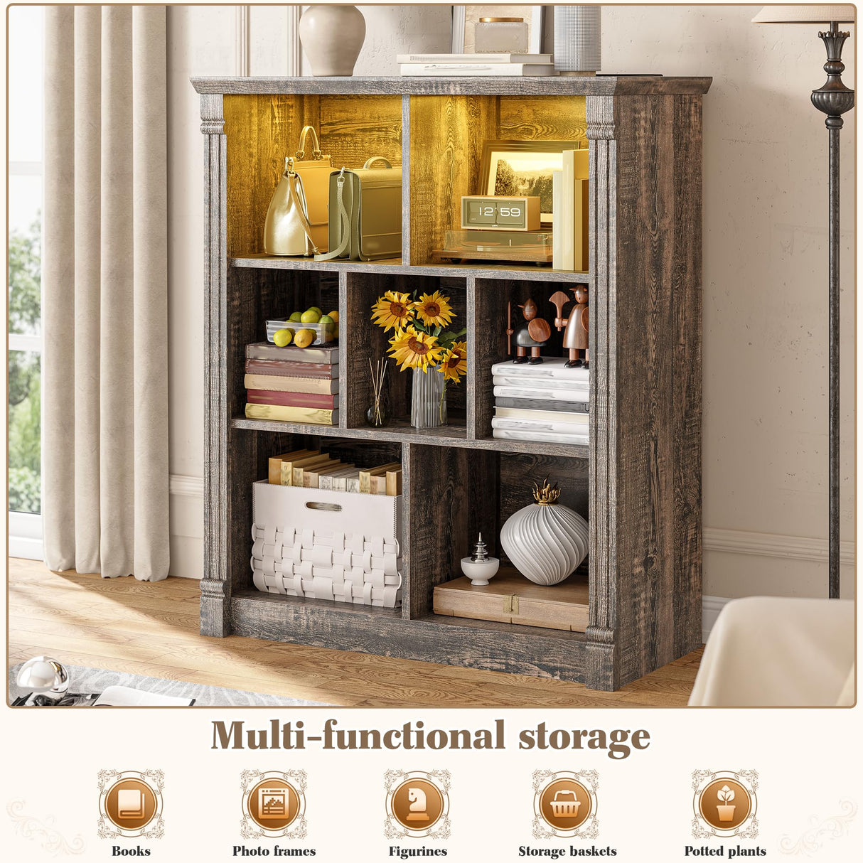 EnHomee 7 Cube Bookshelf Cubby Storage Organizer with LED Lights and Charging Station, Wood Shelf Display Cabinet for Bedroom, Living Room, Office Black Oak EnHomee