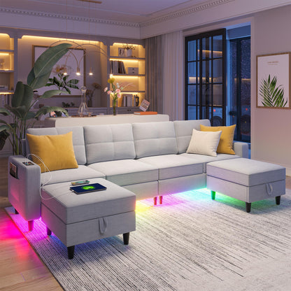 SKKTKT LED Sectional Couches for Living Room, Modular Sectional Sofa Set with Storage Ottomans, Oversized U Shaped Sofa Couch with Auto Sensor RGB Lights and Charging Station (Light Grey) - WoodArtSupply