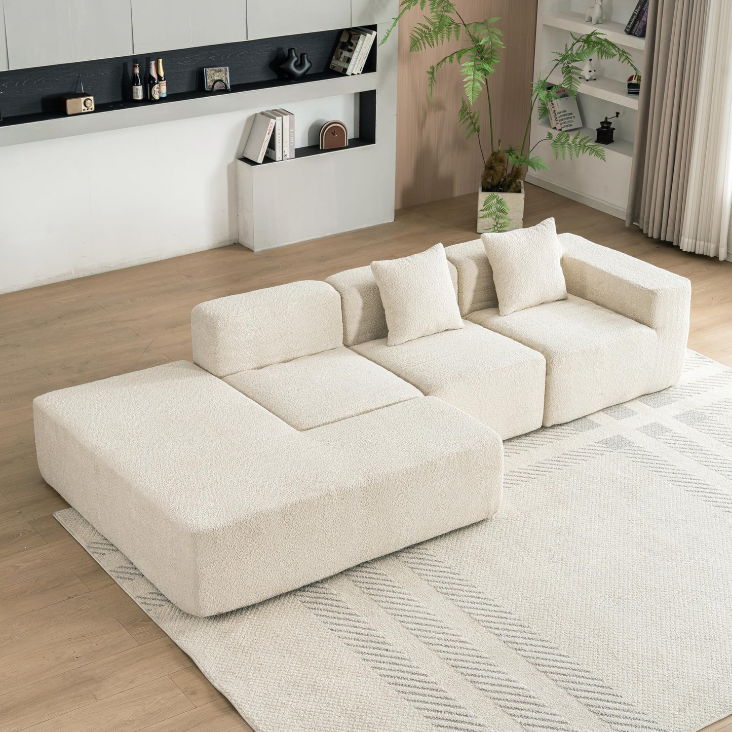 Merax 116.5" Minimalist Cloud Sectional Couch with L-Shape Chaise, Cream Modern Modular Sofa with Deep Seat, White Convertible 4 Seat Sleeper Couches Set for Living Room, No Assembly Required, Beige