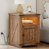 YITAHOME Farmhouse End Table with Charging Station, Nightstand Side Table Coffee Table with LED Lights Adjustable Shelf, Living Room End Table with Storage, Brown YITAHOME