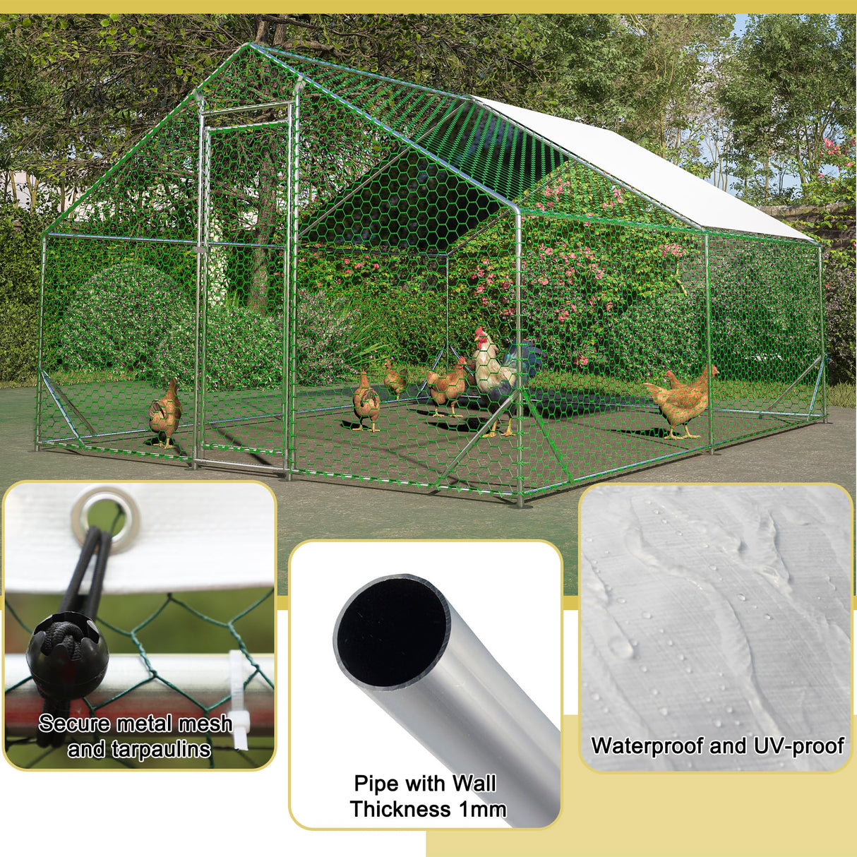 Metal Chicken Coop 13x10x6.56ft Large Walk-in Poultry Cage for 10/15 Chickens Chicken Run Hen Rabbit Duck House with Waterproof Cover for Outdoor Farm Use Hohuqeri
