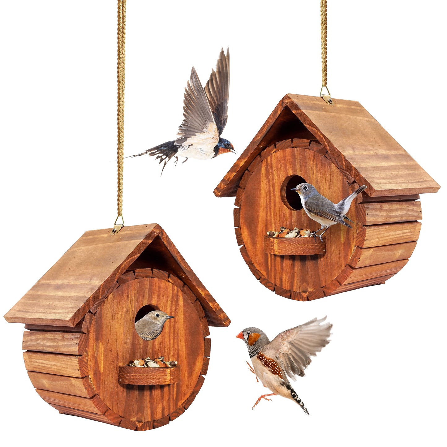 Set of 2 MIXUMON Bird Houses for Outside, Outdoor 2 Bird House Room for 2 Bird Families Bluebird Finch Cardinals Hanging Birdhouse for Garden