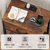 Vagusicc Nightstand with Charging Station, End Table with Fabric Drawer, Small Side Table with 2-Tier Storage Shelves, 25.4" Tall Bedside Table, Night Stand for Bedroom Living Room Dorm, Rustic Brown Vagusicc