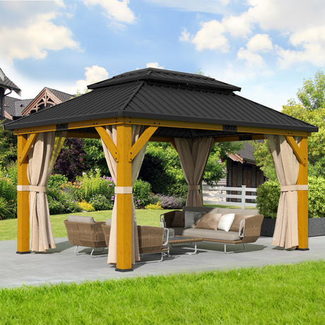 DWVO 13X15FT Gazebo Wood Outdoor Wooden Frame Double Roof Hardtop Galvanized Steel Top Canopy w/Curtain and Netting, Patio Heavy Duty for Deck, Backyard, Beige Yellow DWVO