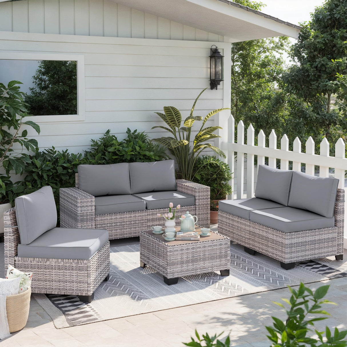 Muphyers 6-Piece Outdoor Patio Furniture Set Wicker Sectional Sofa Set, Patio Conversation Set with Thickened Cushions & Coffee Table for Garden, Backyard, Poolside, Grey Muphyers