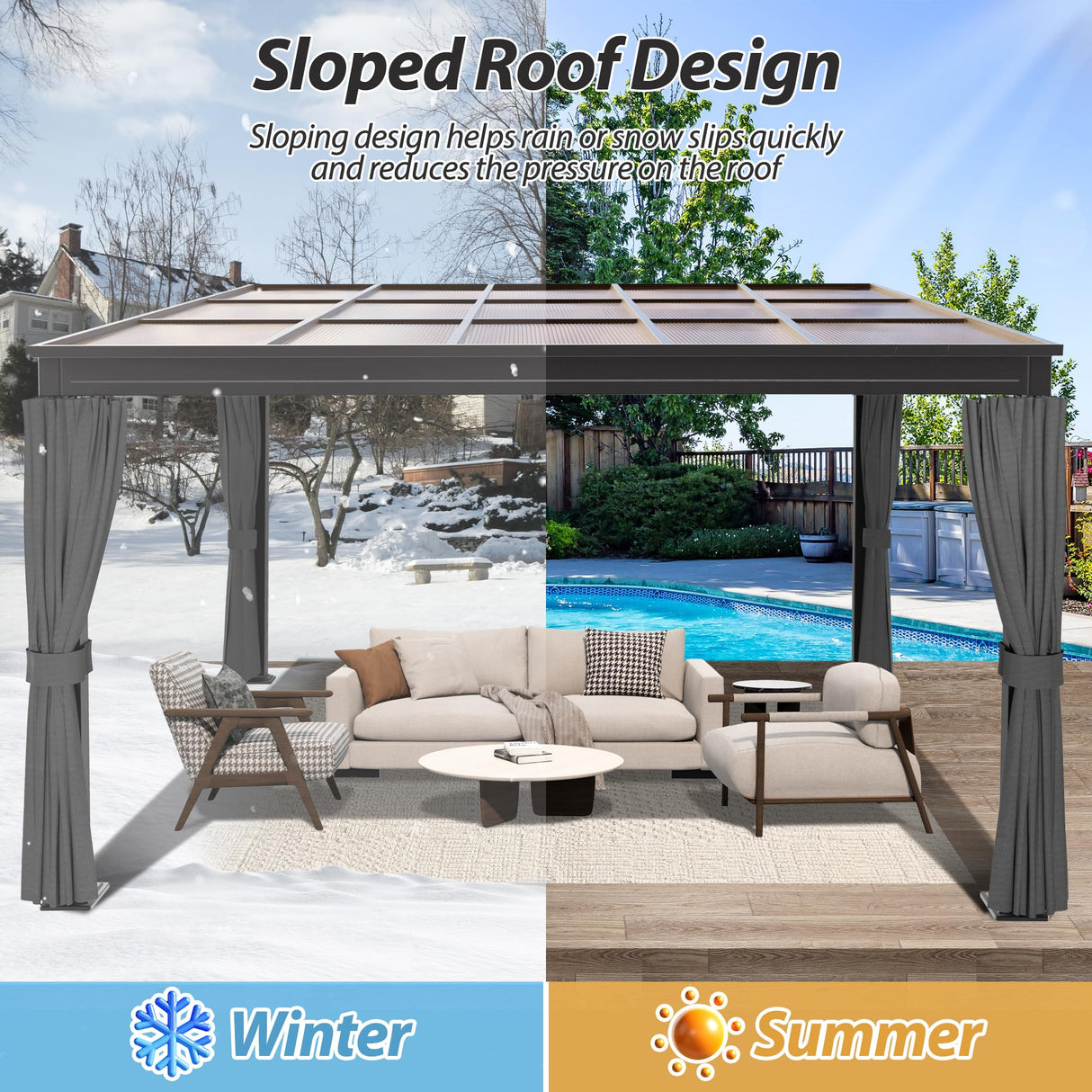 QZEN 10' x 13' Hardtop Lean to Gazebo, Wall Mounted Gazebo with Sloping Polycarbonate Roof and Netting & Curtain, Aluminum Frame Gazebo for Garden, Lawn, Backyard Deck (10’x13’) QZEN