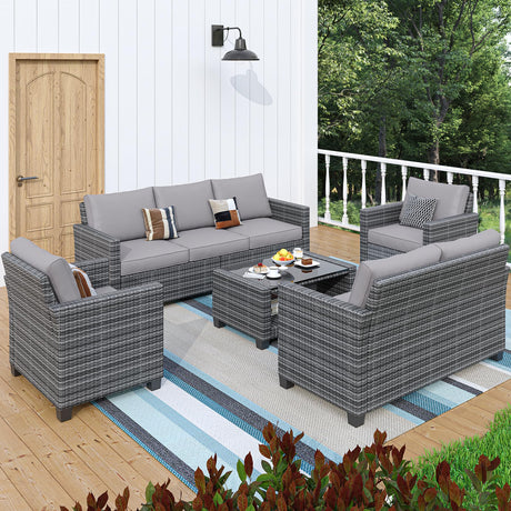 GAOMON 5-Piece Outdoor Patio Furniture Sets, 7 Seat PE Rattan Furniture Sectional Sofa Set with Storage Table, Patio Conversation Sets with Water-Repellent Cushions for Backyard, Deck, Poolside GAOMON