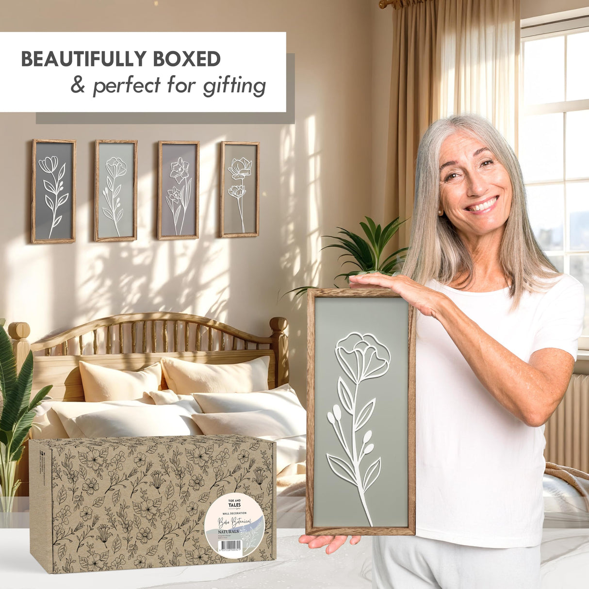 3D Wooden Floral Bathroom Wall Decor (Set of 4) Lightweight, Ready-to-Hang Framed Wall Art For Living Room, Bedroom, or Office - Premium Boho Botanical Farmhouse Decorations - Gift-Boxed Tide and Tales