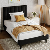 Allewie Twin Bed Frame/Velvet Upholstered Bed Frame with Vertical Channel Tufted Headboard/Strong Wooden Slats/Platform Bed Frame/Mattress Foundation/Box Spring Optional/Easy Assembly/Black Allewie