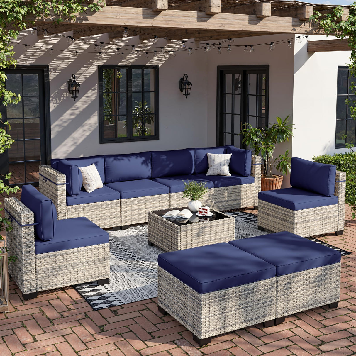 Sweecci 9-Piece Patio Furniture Set, Outdoor Sectional with Ottomans, Modular Patio Sofa, Dual-Strand Wicker Rattan, Rust-Resistant Frame, Backyard Furniture for Garden, Deck, Navy Blue Sweecci