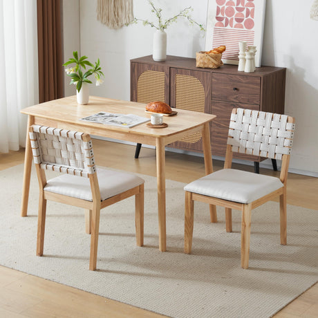 VINGLI Beige Woven Wooden Dining Chairs Set of 2,Armless Mid Century Modern Desk Chairs with Rivet&Foot Pegs,Upholstered Farmhouse Comfy Chair No Wheels for Dining Room,Living Room,Kitchen,Oak,Suede VINGLI