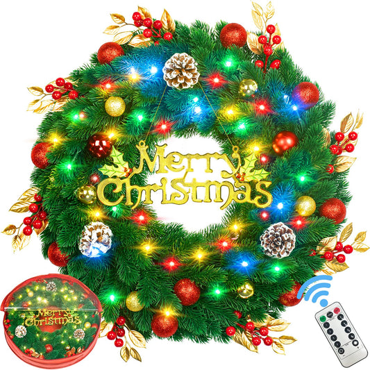 Pre Lit Christmas Wreath with Lights,Lighted Christmas Wreaths for Front Door with 45 Led Battery Operated 8 Modes Remote Control Timer,Indoor Outdoor 18 Inch Artificial Xmas Wreath Decorations