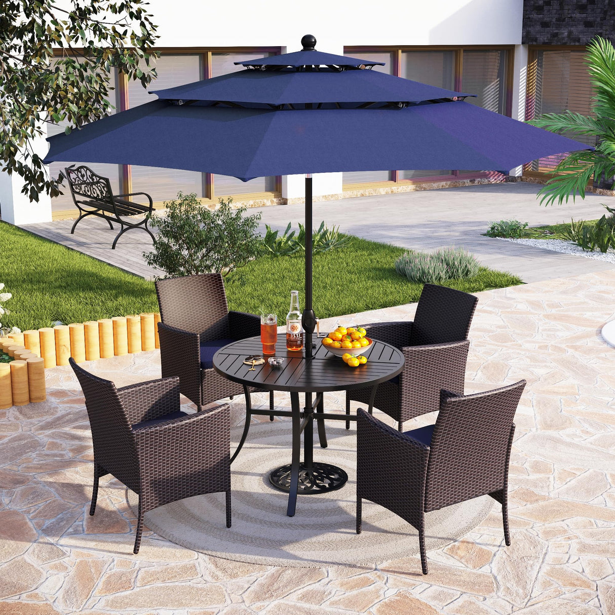 PHI VILLA 5 Piece Outdoor Dining Set with Umbrella for 4, Round Metal Steel Dining Table & Wicker Chairs with Cushions & Blue Umbrella, Modern Furniture for Patio, Deck, Yard, Porch PHI VILLA