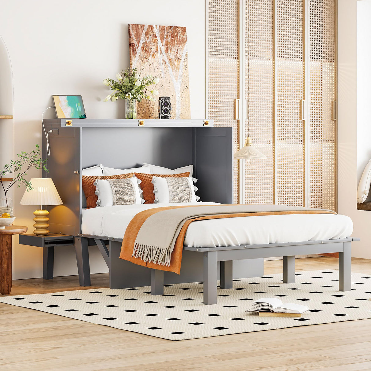 Merax Full Size Murphy Bed with USB Port and Removable Shelves on Each Side, Grey Merax