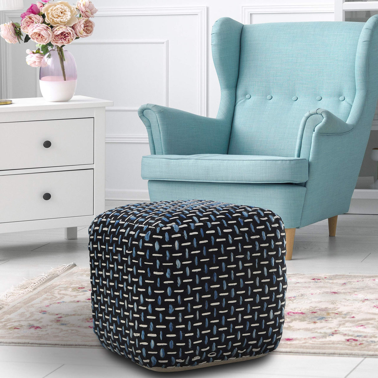 LR Home Evette Rios Black/Blue/White Transitional Polyester Square Ottoman Pouf for Home Decor | Hand-Made Modern Pouf Foot Rest for Bedroom & Living Room Decor | 16 x 16 x 16 Stuffed Pouf for Seating L.R. Resources Inc
