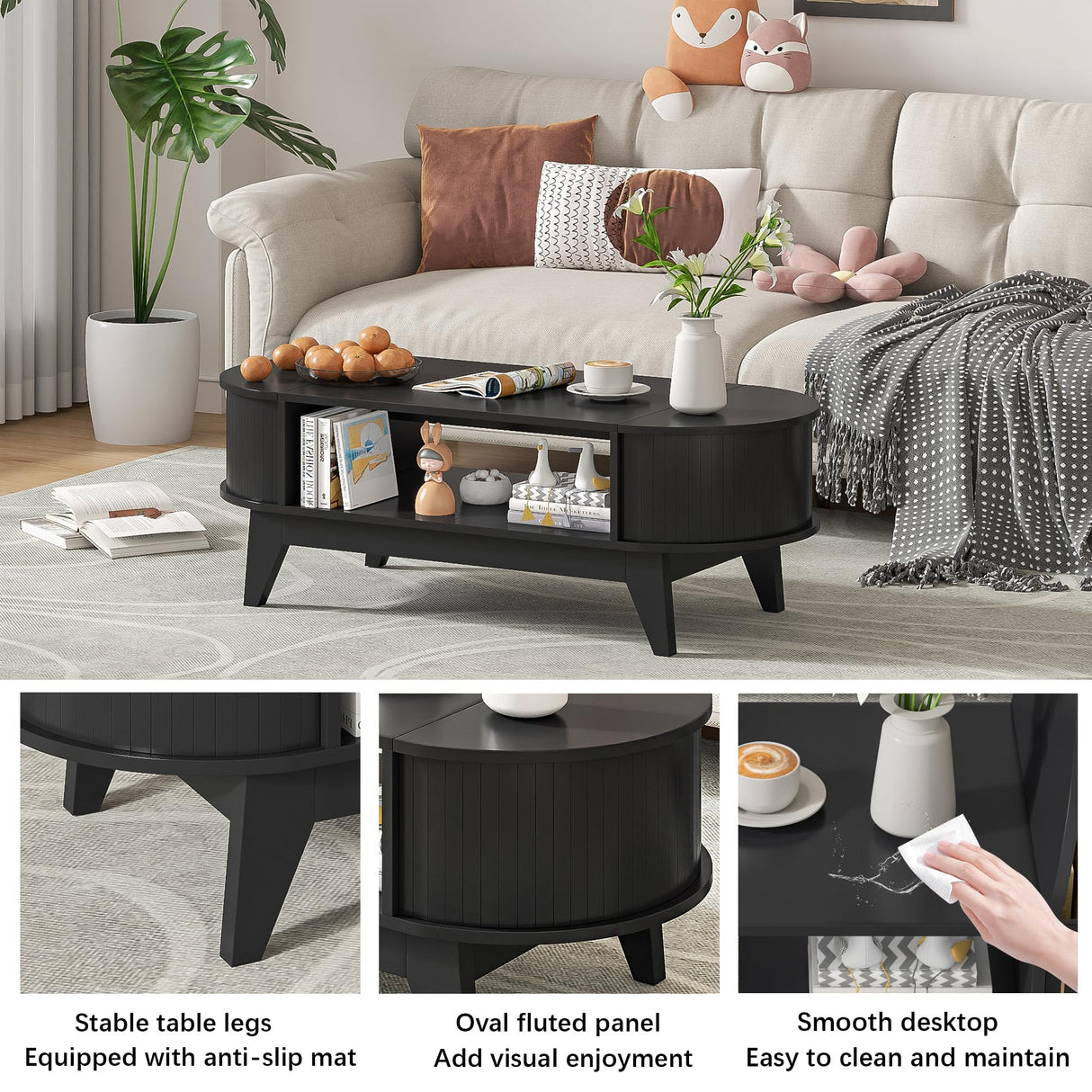 Coffee Table with 2 Hidden Storage,Mid Century Modern Coffee Table with Fluted Finish,Wood Center Tables Oval Coffee Tables with Flip-Top Lids for Living Room Home Office (Black) Mxtxmy