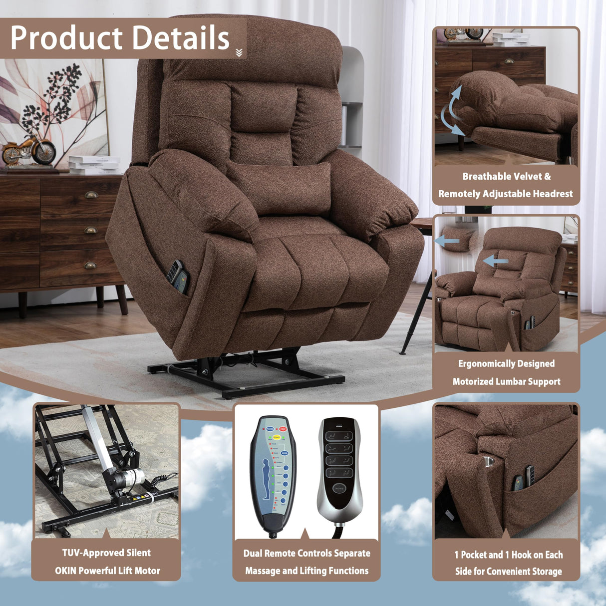 PUG258Y 4-Motor Power Lift Recliner Chair for Big and Tall Seniors: 9689Pro Lay Flat Lift Chair with Heat and Massage, Reclining to 180, Adjustable Headrest and Lumbar - Velvet Fabric - Nut Brown PUG258Y