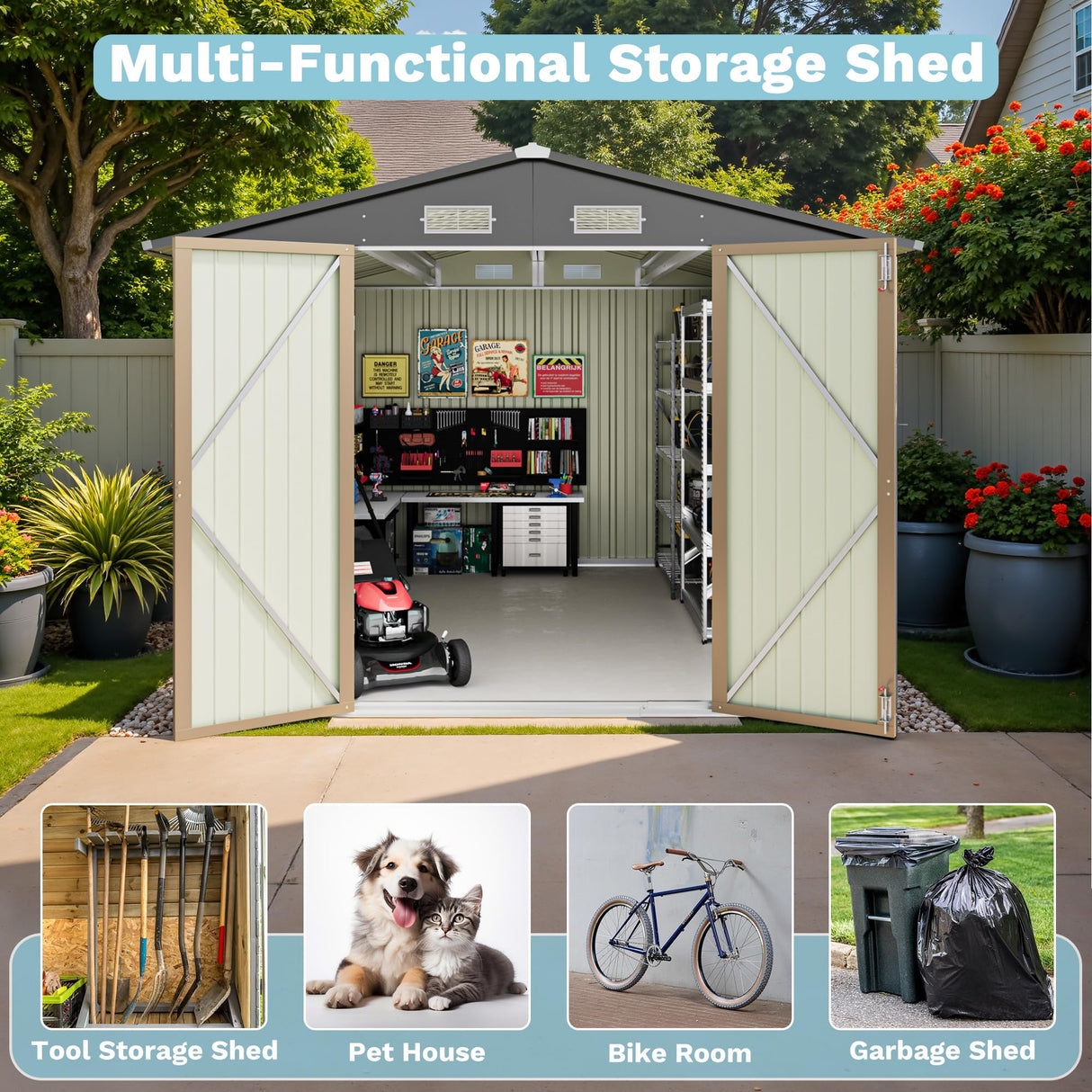 Greesum 8×10FT Outdoor Storage Shed, Metal Patio Storaged Sheds with Lockable Doors, Sheds & Outdoor Storage for Bike, Backyard, Pool and Garden, Brown Greesum