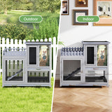 cozivvovv Wood Rabbit Hutch with Balcony - Small Animal House Bunny Cage on Wheels for Indoor Outdoor, Rabbit Cage Included Ramp, Pull Out Tray, (Grey with Pattern) COZIVVOVV