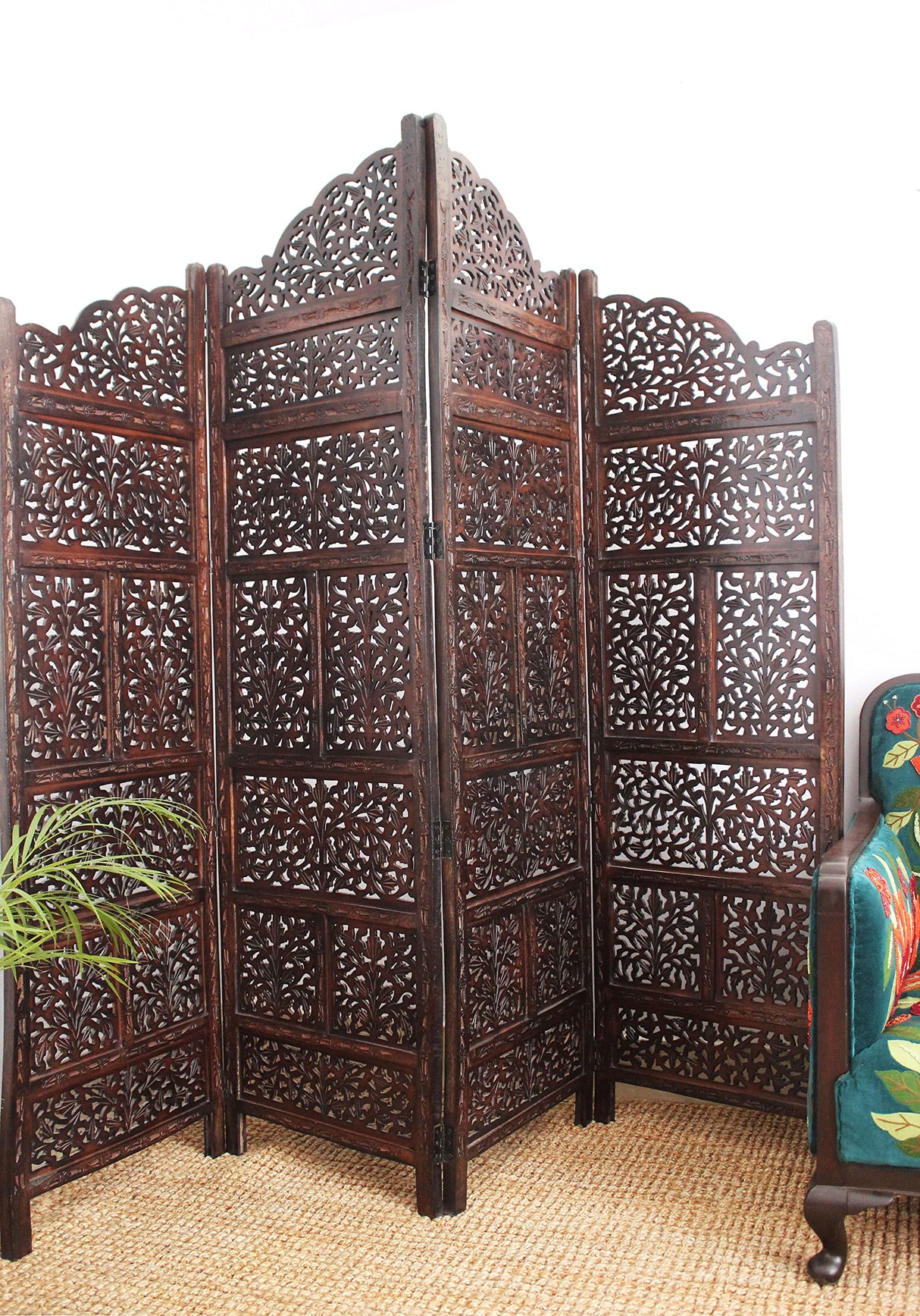 Room Divider Wood Screen - Mahanadi Antique Brown - 4 Panel Folding 72x80 - Wooden Hand Carved Screen Decorative Functional Versatile - Small Spaces Reversible Privacy Partition - COTTON CRAFT COTTON CRAFT