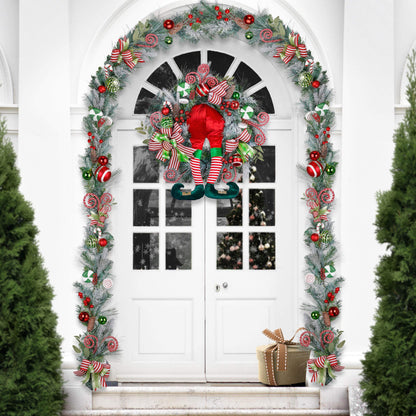 Valery Madelyn 30 Inch Pre-Lit Christmas Wreath for Front Door with Lights, Large Elf Lighted Christmas Wreath with Red Green White Xmas Ball for Fireplace Window Outdoor Table Centerpiece Decoration