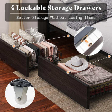AMERLIFE Twin Bed Frame with 51.2" Tall Bookcase Headboard, Farmhouse Platform Bed with 4 Storage Drawers, Linen Upholstered, Charging Station & Storage, Rustic Black AMERLIFE