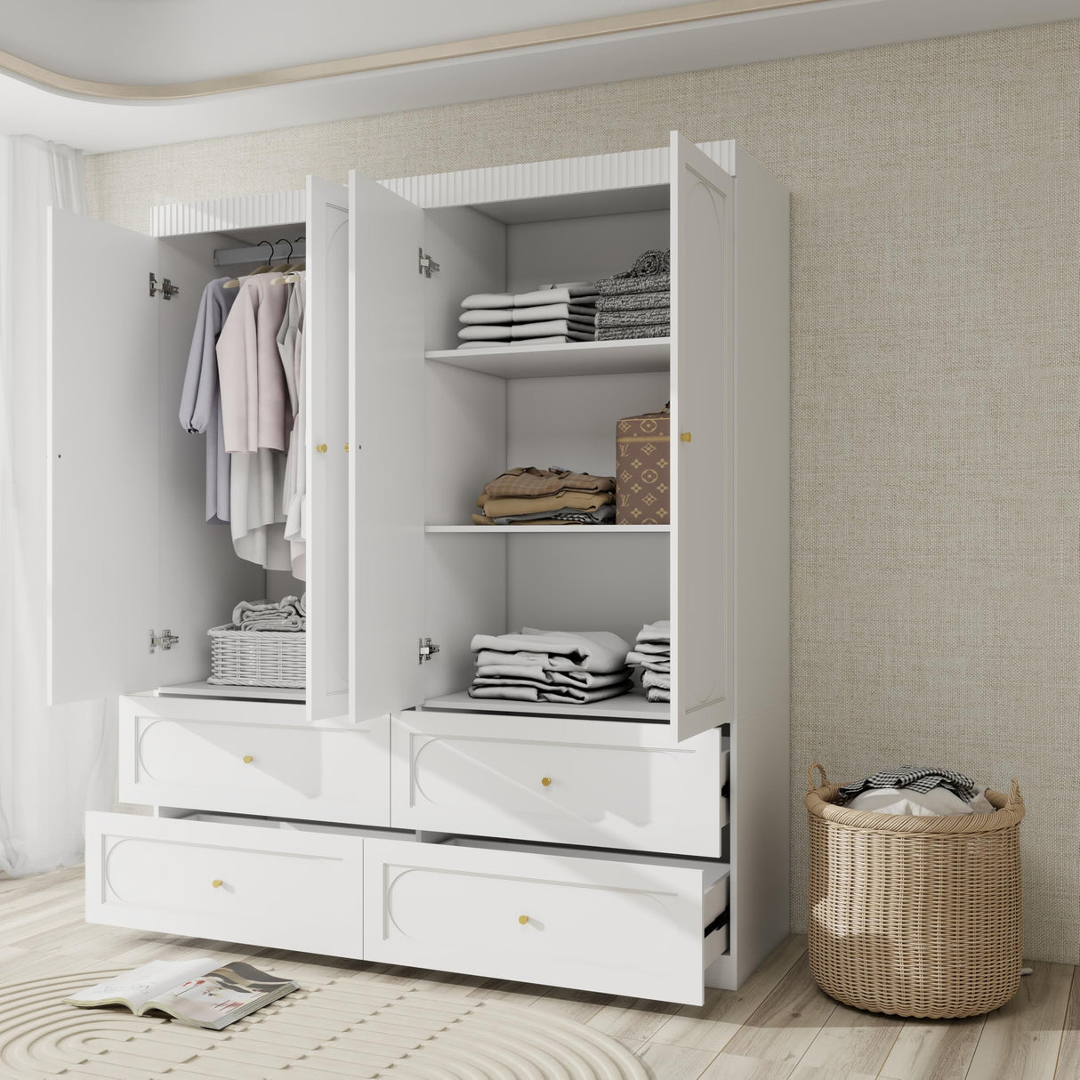 LABROSKIA Bedroom Armoire Wardrobe Closet with 4 Drawers: 74" White 4 Doors Wood Storage Cabinet, Hanging Rod and Ample Storage Space (Modern, White) LABROSKIA