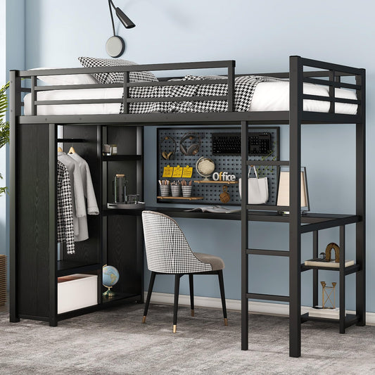 Twin XL Loft Bed with Desk and Storage Shelves, Twin XL Loft Bed with Wardrobe, Hanging Rod and Guardrail and Ladder, Balck